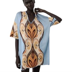 ZARA Jacquard Knit‎ Tunic Sweater Mini Dress Long Sleeve Floral Print Sz M New